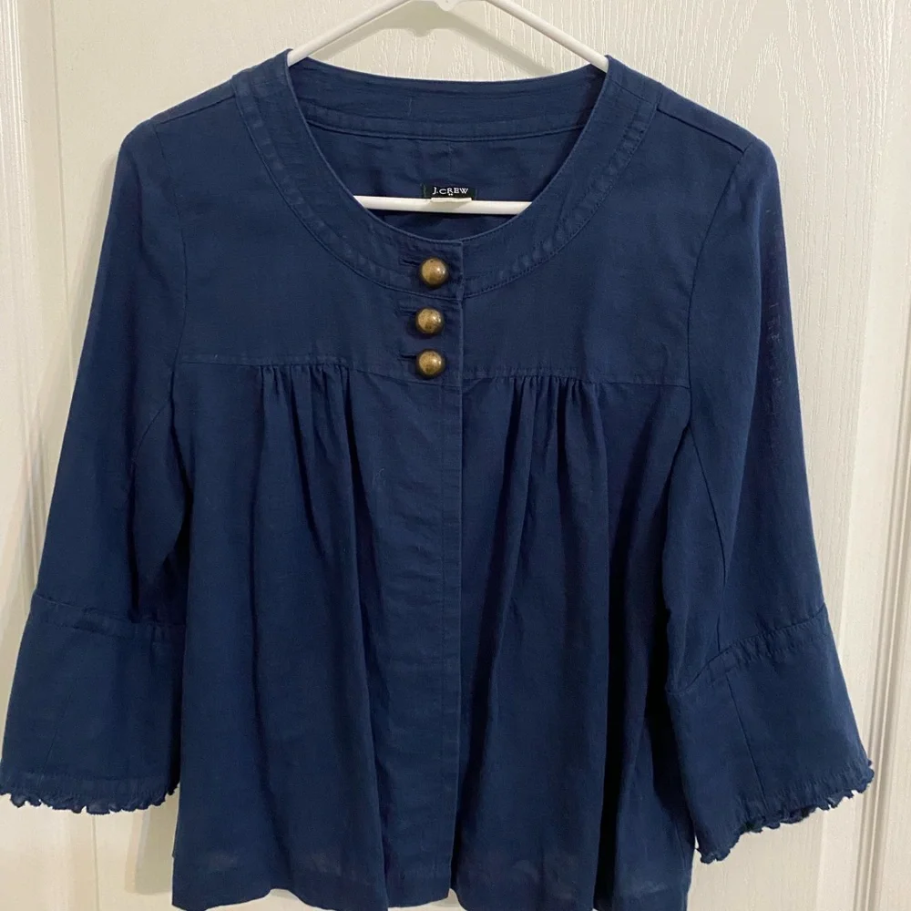 J. Crew Linen Blend Women's 6 Navy Lightweight Jacket Coverup 3/4 Sleeve Ruffle